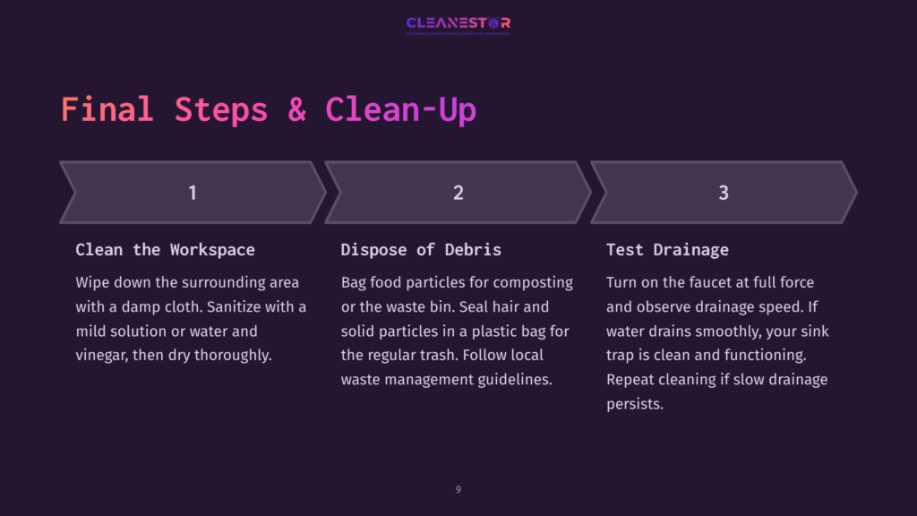 Graphic With A Purple Background Outlining Three Steps: Clean Workspace, Dispose Of Debris, Test Drainage, With Icons For Each Step.