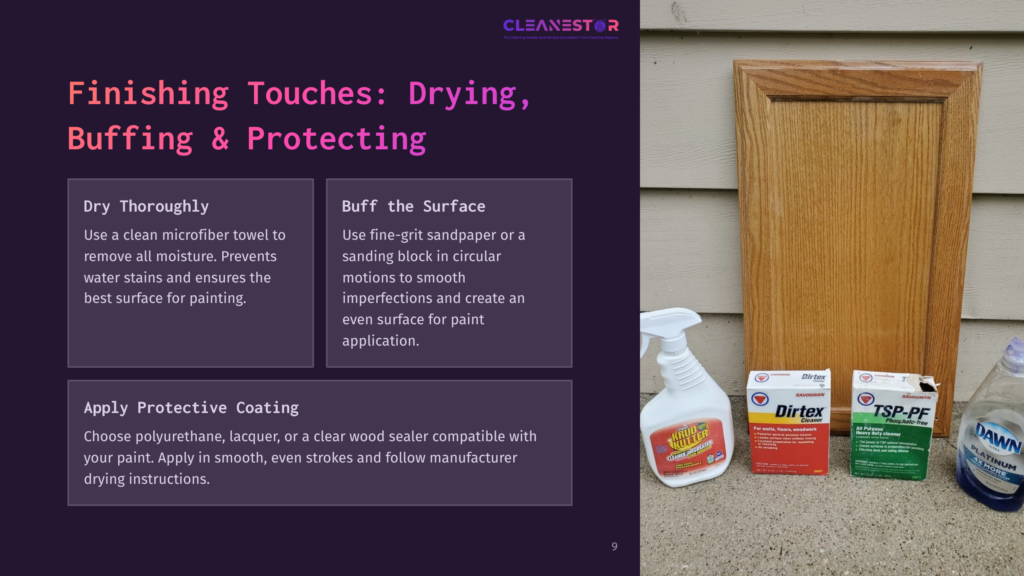 A Wooden Cabinet Door Stands Beside Cleaning Supplies, Including Spray Bottles And Powders, Against A Textured Surface.