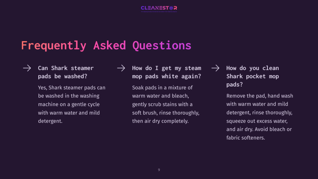 Text On A Dark Purple Background Outlines Faqs About Cleaning Steam Mop Pads, Featuring White And Pink Headings With Arrows.