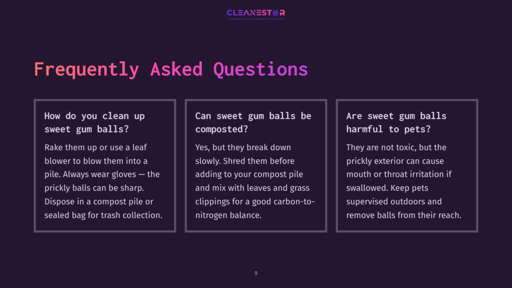 9 Frequently Asked Questions 100 Dark Purple Background With The Title &Quot;Frequently Asked Questions&Quot; In Large White And Pink Text. Three Columns Of Text Below Detail How To Clean Up Sweet Gum Balls, If They Are Compostable, And If They Are Harmful To Pets.