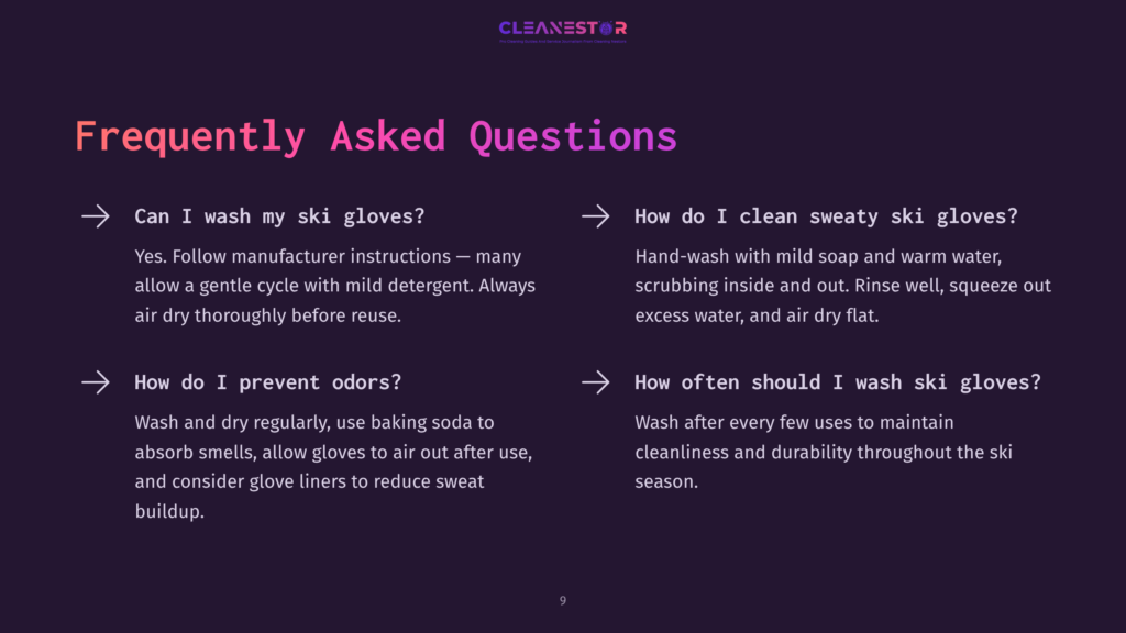 9 Frequently Asked Questions Text On A Dark Purple Background Detailing Faqs On Cleaning Ski Gloves, With Arrows Pointing To Two Questions About Cleaning And Odor Prevention.