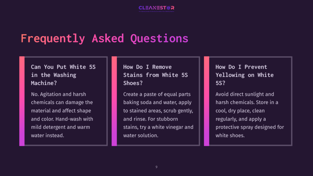 Frequently Asked Questions About Cleaning White 5S Shoes: How To Put Them In The Washing Machine, Remove Stains, And Prevent Yellowing. Text Is On A Dark Purple Background With A Cleanestor Logo.