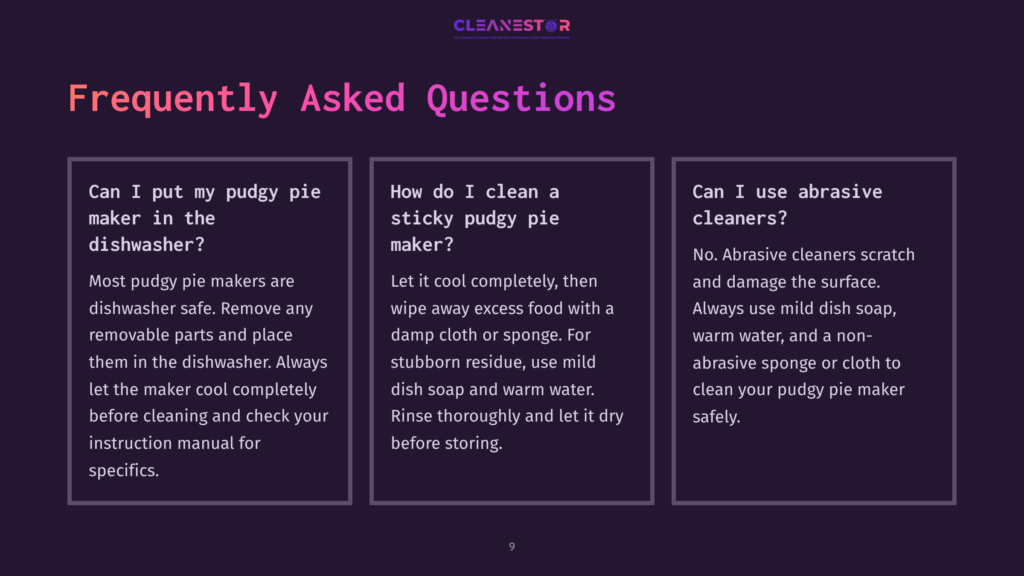 A Dark Purple Background Displays A &Quot;Frequently Asked Questions&Quot; Graphic With Three Columns Of Text. The Left Column Asks &Quot;Can I Put My Pudgy Pie Maker In The Dishwasher?&Quot;. The Middle Column Asks &Quot;How Do I Clean A Sticky Pudgy Pie Maker?&Quot;. The Right Column Asks &Quot;Can I Use Abrasive Cleaners?&Quot;. The Cleanestor Logo Is At The Top.