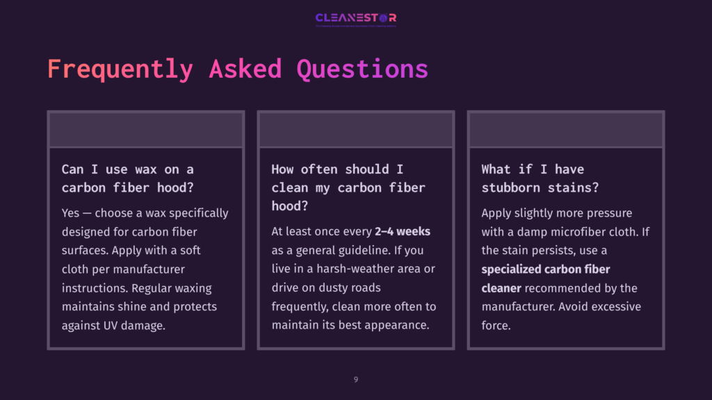 Frequently Asked Questions About Carbon Fiber Hood Care, Including Waxing And Stain Removal, With Cleanestor Logo.