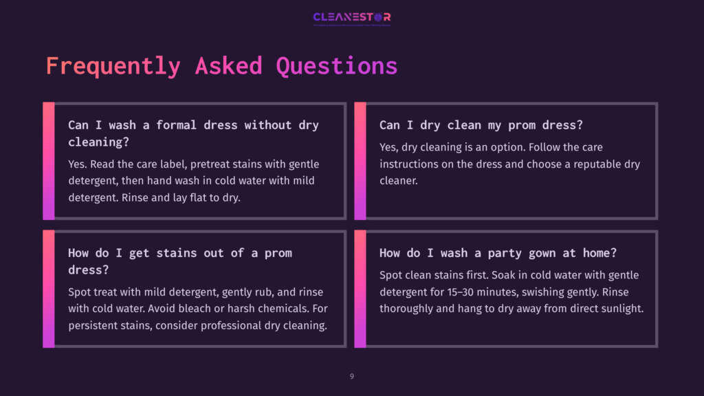 Text In A Dark Purple Background With Light Purple Headings Outlines Faqs About Cleaning A Prom Dress; Includes Steps For Dry Cleaning And Washing.