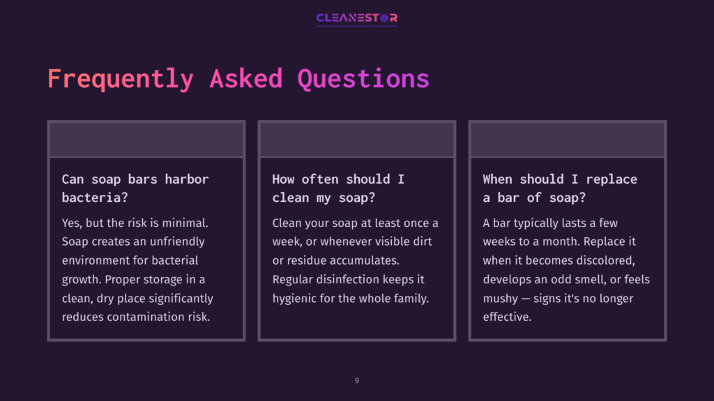 9 Frequently Asked Questions 110 Frequently Asked Questions Graphic With Three Columns: &Quot;Can Soap Bars Harbor Bacteria?&Quot;, &Quot;How Often Should I Clean My Soap?&Quot;, And &Quot;When Should I Replace A Bar Of Soap?&Quot;.