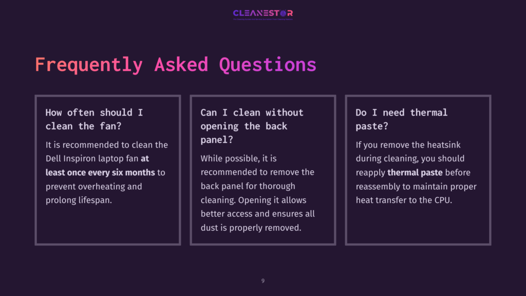 A Dark Purple Slide With The Cleanestor Logo At The Top, Titled &Quot;Frequently Asked Questions&Quot; In Large White Text. Three Boxes Detail Cleaning Advice For Dell Inspiron Laptop Fans, Including Recommended Cleaning Frequency And Thermal Paste Application.