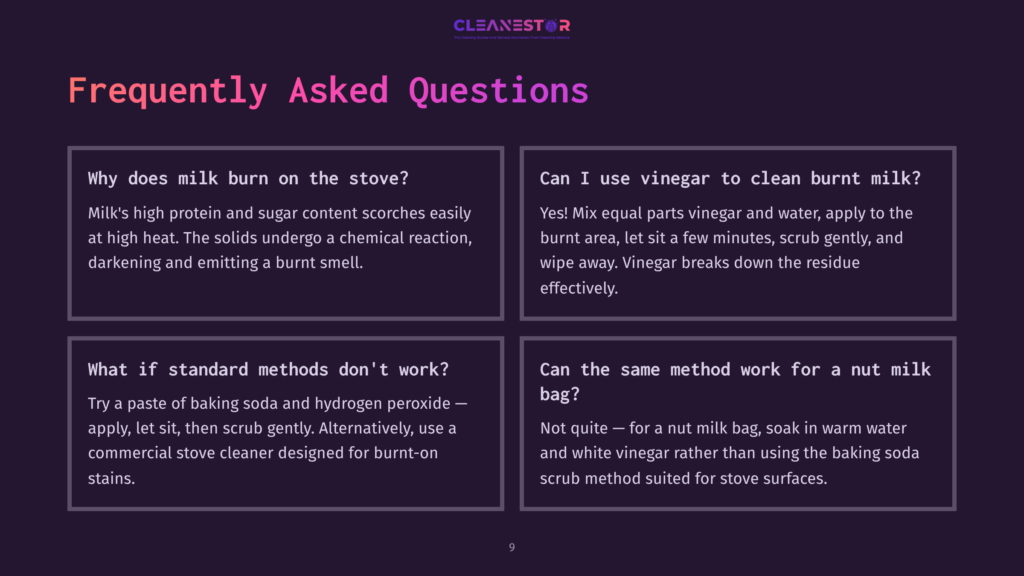 9 Frequently Asked Questions 116 A Dark Purple Slide With The Title &Quot;Frequently Asked Questions&Quot; Over A Light Purple Background. The Slide Contains Four Boxes With Questions And Answers About Cleaning Burnt Milk And Nut Milk Bags From Stoves.