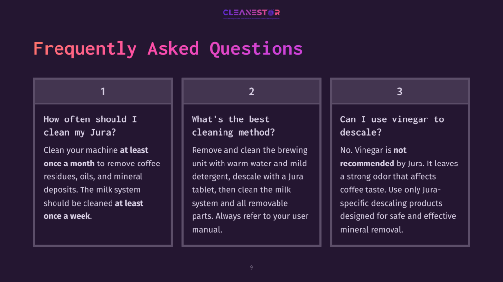 Image Displays A Dark Purple Background With The Title &Quot;Frequently Asked Questions&Quot; In Large, Bold Pink Lettering. Three Vertical Boxes With Rounded Corners Contain Numbered Questions And Answers About Cleaning A Jura Coffee Machine, With &Quot;Cleanestor&Quot; Logo At The Top.