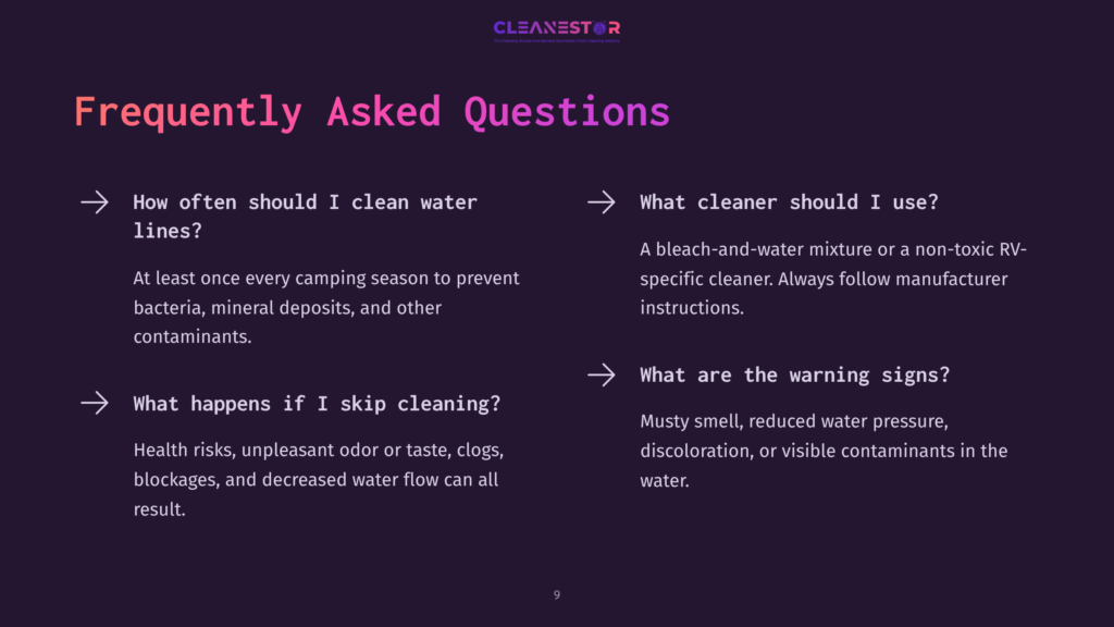 Cleanestor Faq Slide: &Quot;How Often Should I Clean Water Lines?&Quot;, &Quot;What Happens If I Skip Cleaning?&Quot;, &Quot;What Cleaner Should I Use?&Quot;, And &Quot;What Are The Warning Signs?&Quot; With Bullet Points Detailing Answers.