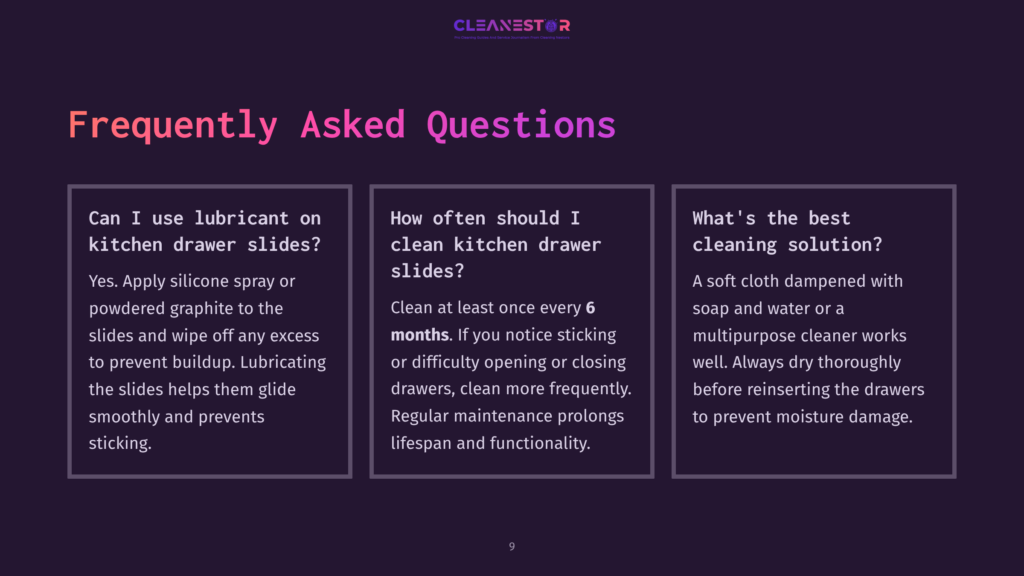 Dark Purple Background With A &Quot;Cleanestor&Quot; Logo At The Top, And &Quot;Frequently Asked Questions&Quot; In Large White Text. Three Columns Of Text Provide Answers To Common Questions About Cleaning Kitchen Drawer Slides, Including Lubrication, Cleaning Frequency, And Solutions.