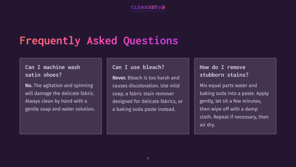Cleanestor Logo With Text &Quot;Frequently Asked Questions&Quot; And Three Boxes Of Text: &Quot;Can I Machine Wash Satin Shoes?&Quot;, &Quot;Can I Use Bleach?&Quot;, And &Quot;How Do I Remove Stubborn Stains?&Quot;.