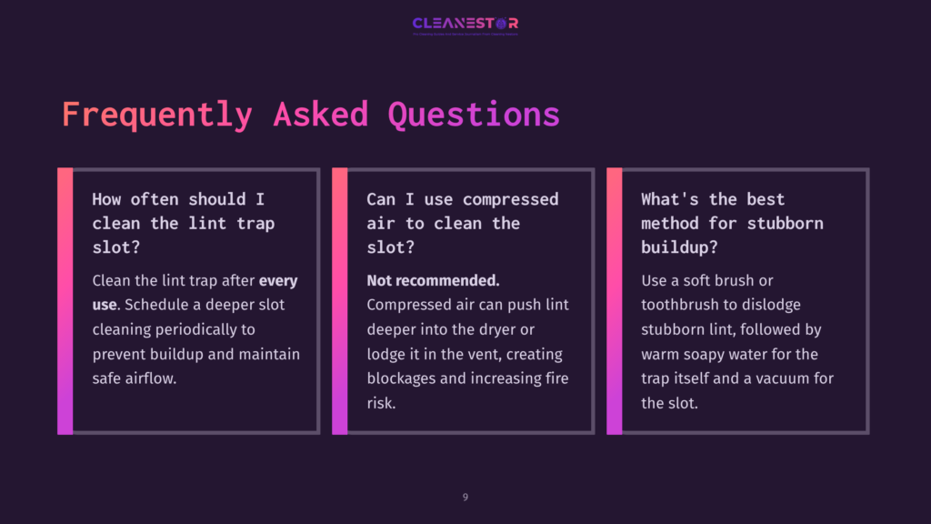 Cleanestor Faq Graphic: &Quot;How Often Should I Clean The Lint Trap?&Quot;, &Quot;Can I Use Compressed Air To Clean The Lint Slot?&Quot;, And &Quot;What'S The Best Method For Stubborn Buildup?&Quot; With Colorful Sidebars.