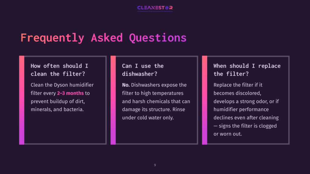 Frequently Asked Questions About Dyson Humidifier Filters: How Often To Clean, Dishwasher Use, And Replacement Timing. Text Includes &Quot;Cleanestor&Quot;.