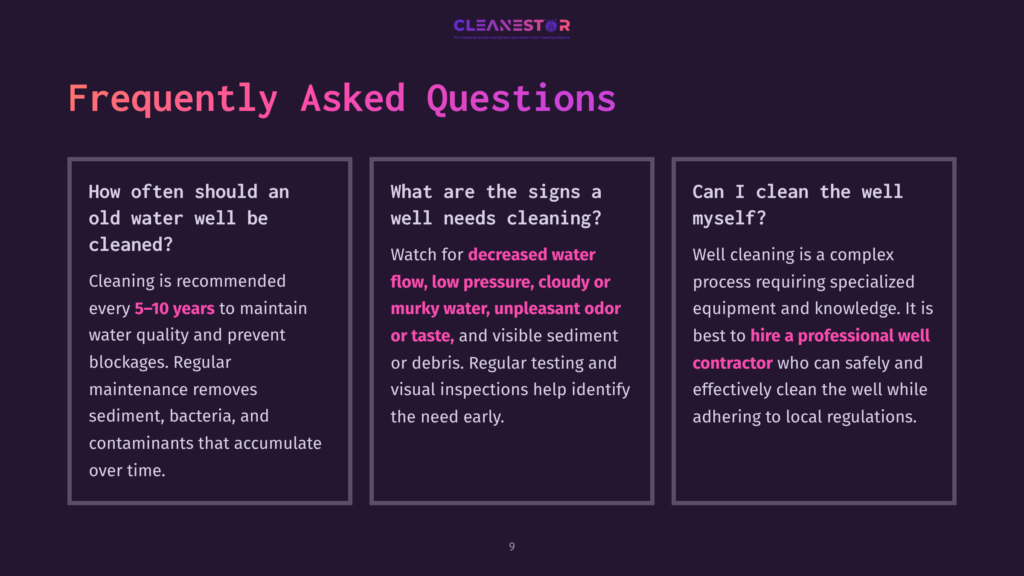 Frequently Asked Questions About Well Cleaning: How Often Should Old Water Wells Be Cleaned? Signs A Well Needs Cleaning. Can I Clean The Well Myself? The Text Is On A Dark Purple Background With A Light Purple Gradient And The Cleanestor Logo At The Top.
