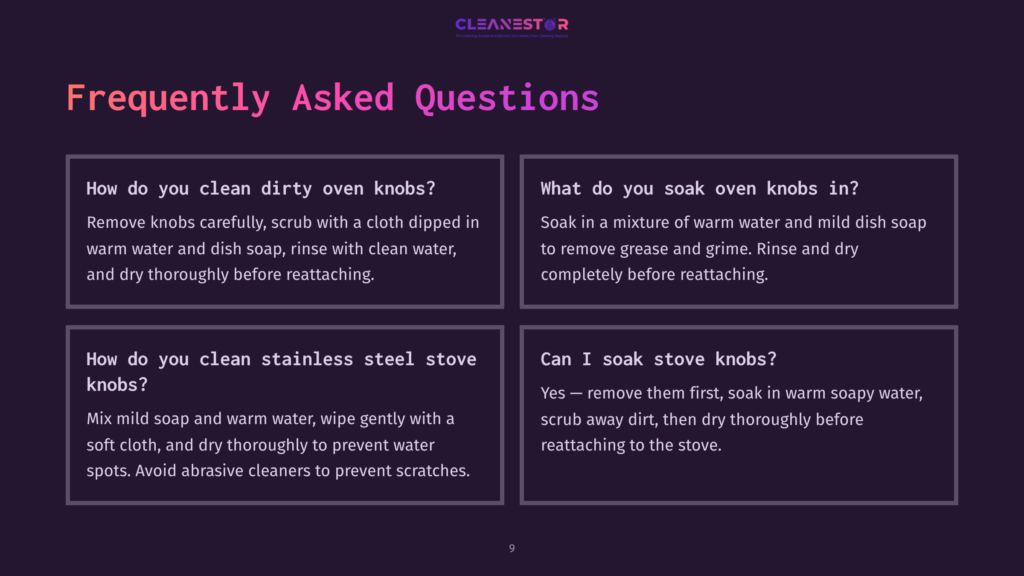 A Series Of Four Faqs On Cleaning Oven Knobs, With White Text On A Dark Background, Bordered By Purple Accents.