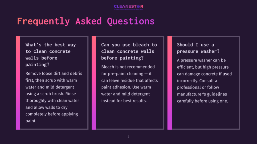 A Dark Purple Background With Three Vertical Rectangular Panels Featuring Frequently Asked Questions About Cleaning Concrete Walls Before Painting. The Text Includes &Quot;What'S The Best Way To Clean Concrete Walls Before Painting?&Quot;, &Quot;Can You Use Bleach To Clean Concrete Walls Before Painting?&Quot;, And &Quot;Should I Use A Pressure Washer?&Quot;.