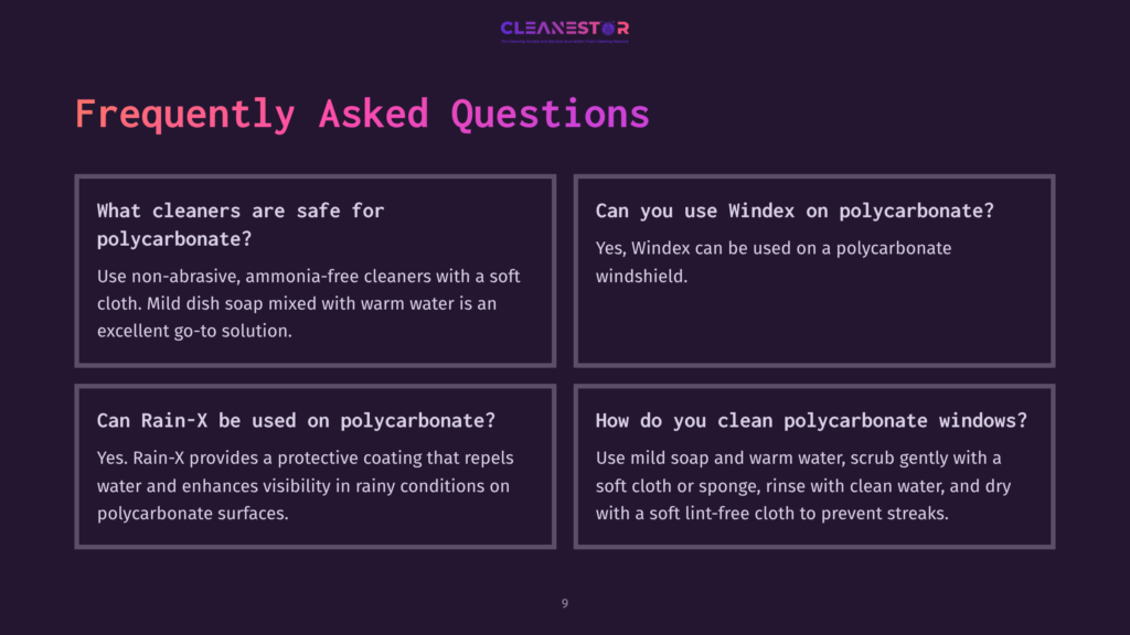 Text On A Dark Background With Pink Accents, Featuring A Q&Amp;A Format Addressing Safe Cleaners And Care Tips For Polycarbonate Windshields.