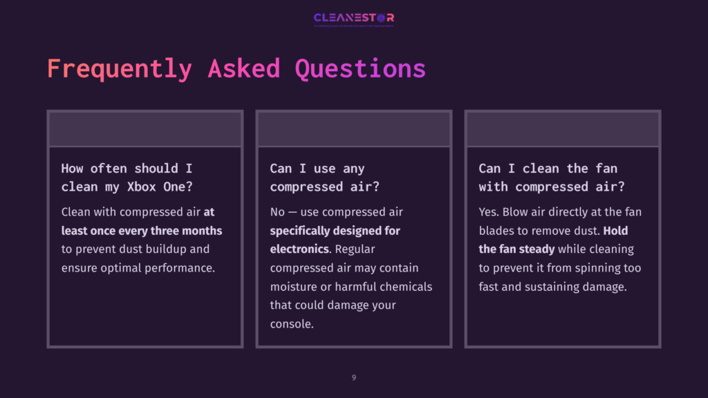 Frequently Asked Questions About Cleaning An Xbox One With Compressed Air. The Image Displays Three Columns Of Text Detailing Cleaning Frequency And Methods.