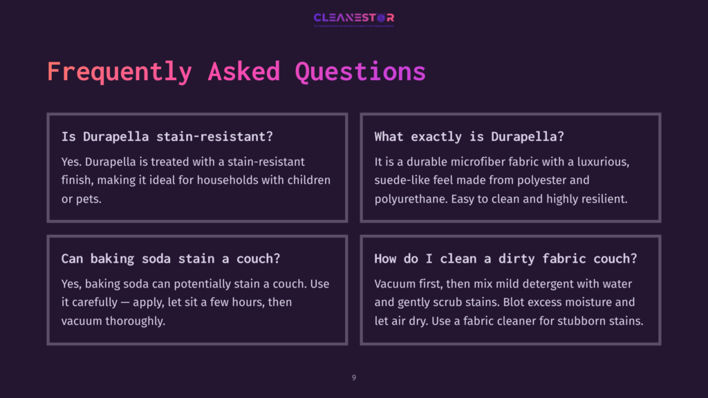 Frequently Asked Questions About Cleaning With Durapella And Baking Soda. The Image Displays Four Distinct Question And Answer Cards With The Cleanestor Logo At The Top.