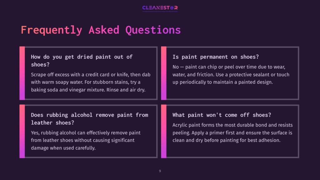 9 Frequently Asked Questions 15 Text On A Dark Background Displaying Frequently Asked Questions About Removing Paint From Shoes, With Pink And White Accents For Emphasis.