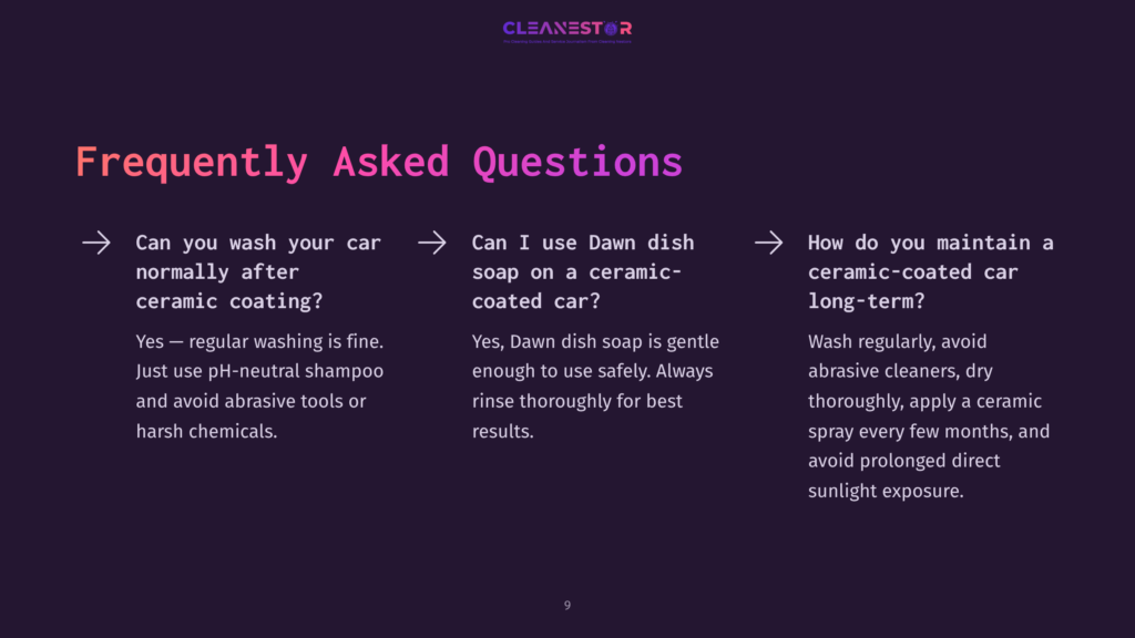 9 Frequently Asked Questions 150 Frequently Asked Questions About Car Care: Can You Wash Your Car Normally After Ceramic Coating? Can I Use Dawn Dish Soap On A Ceramic-Coated Car? How Do You Maintain A Ceramic-Coated Car Long-Term? The Text Is Presented On A Dark Background With The Cleanestor Logo At The Top.