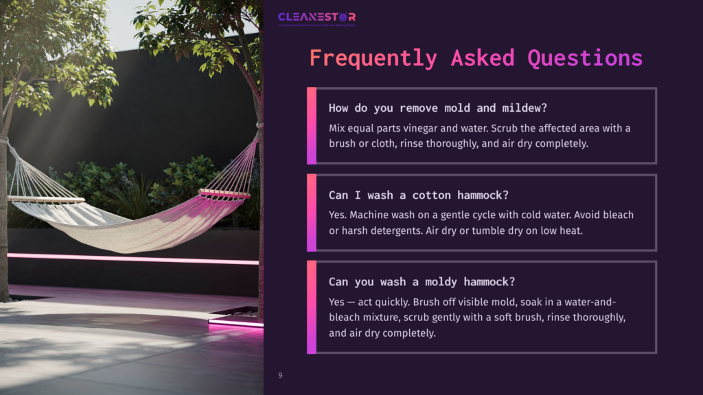 A White And Pink Hammock Hangs From A Tree Next To A Dark Wall, With Pink And Purple Led Lights Accenting The Scene. The Image Also Displays A Presentation With Text About Cleaning Mold And Mildew From Hammocks.