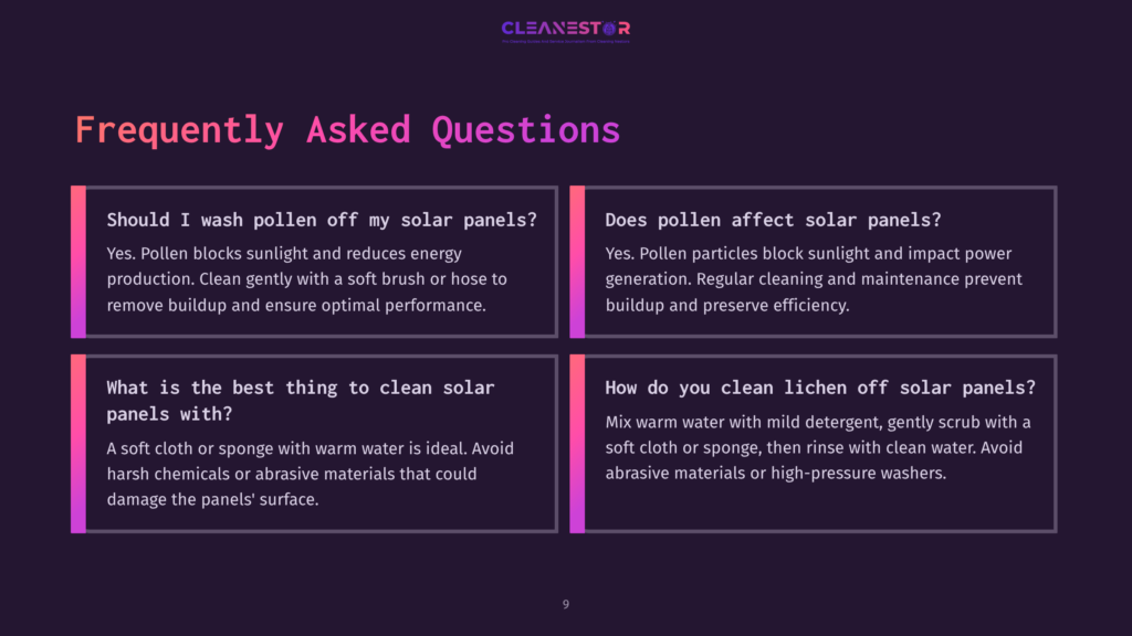 Four Text Boxes With Questions And Answers About Cleaning Solar Panels, Featuring A Dark Background With Light Purple And Pink Accents.