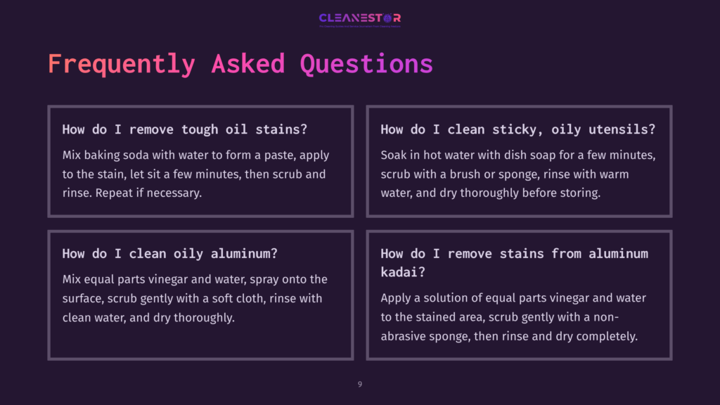 Four Blocks Of Text With Questions And Answers On Cleaning Tips, Featuring A Purple And White Color Scheme, With Bold Headings.