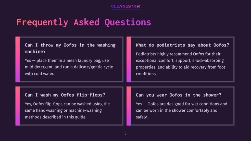 Four Text Boxes With Contrasting Colors Containing Faqs About Cleaning Oofos, Featuring Pink And Purple Backgrounds With White Text.