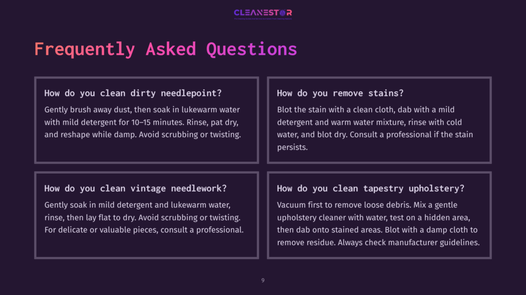 Four Text Boxes With A Dark Purple Background Outline Faqs About Cleaning Needlepoint, Detailing Methods For Stains, Dirt, And Care.
