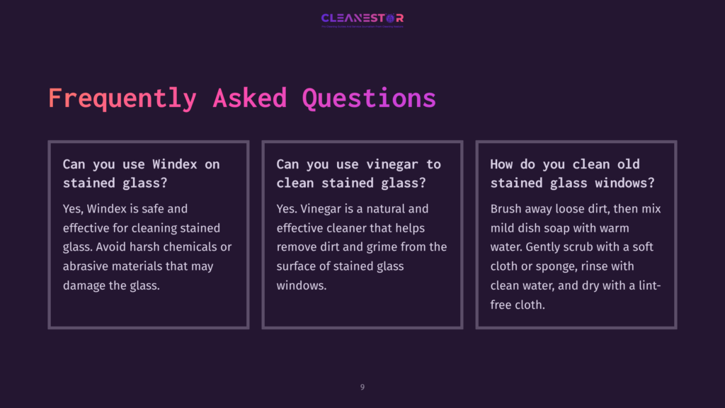 Three Text Boxes With A Dark Purple Background, Highlighting Faqs About Cleaning Stained Glass With Products Like Vinegar And Windex.