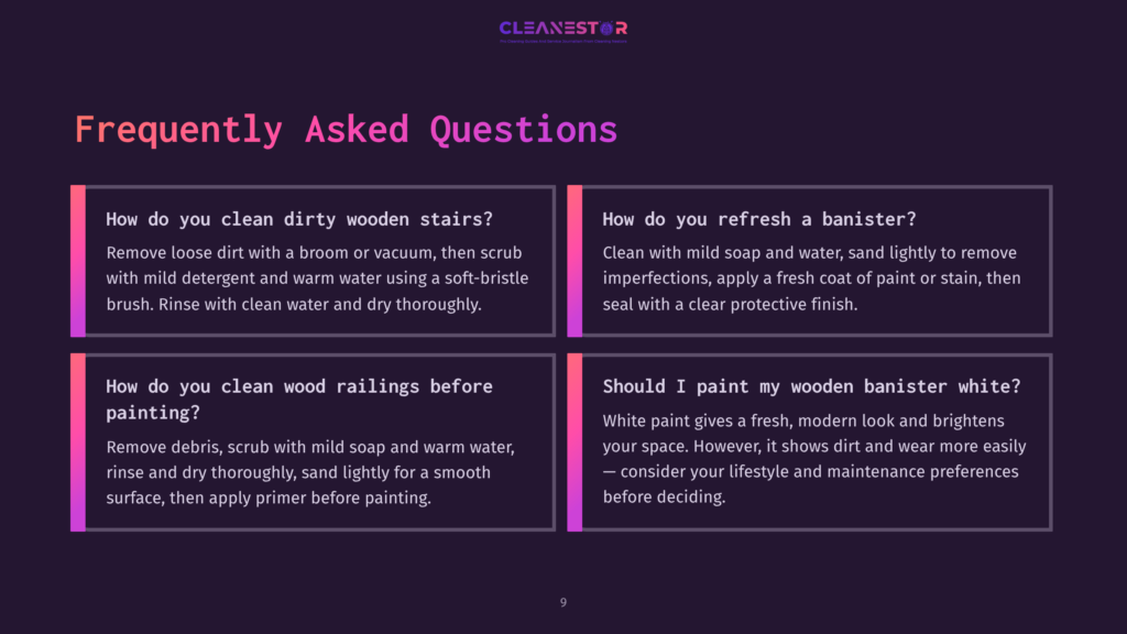 Text Displayed On A Dark Purple Background With White And Light Purple Boxes, Outlining Faqs About Cleaning Wooden Staircases And Banisters.
