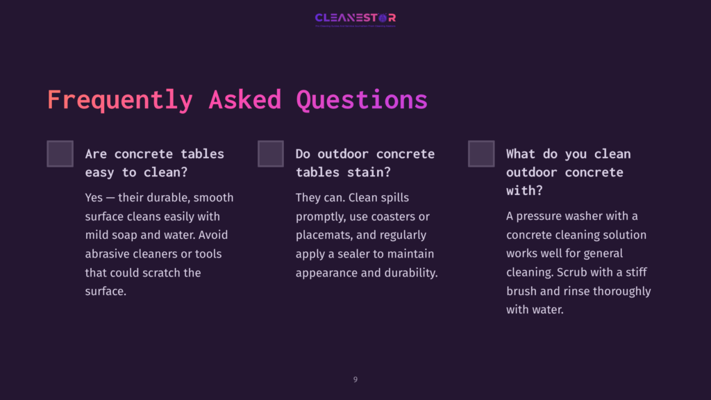 Dark Background With White Text Displaying Frequently Asked Questions About Cleaning Outdoor Concrete Tables, Featuring Checkboxes.