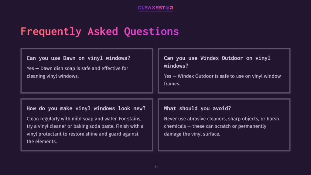 Text In A Dark Background With Purple Accent, Featuring Four Faq Boxes. Questions About Cleaning Vinyl Windows, Including Recommended Methods And Cautions.