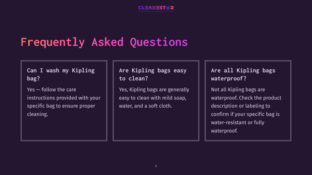 Text On A Dark Purple Background, With Three Boxes Containing Faqs About Kipling Bags, Featuring White And Light Purple Text.
