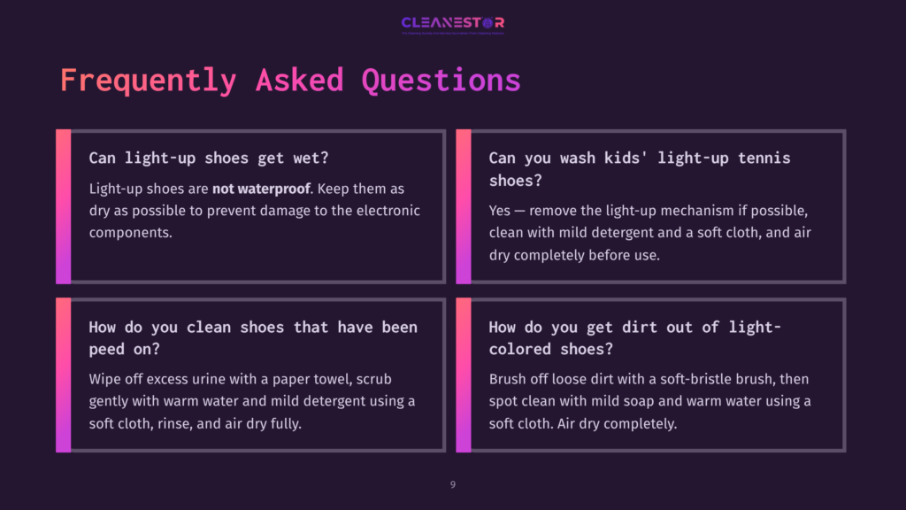 Four Rectangular Sections With Pink And Purple Borders, Featuring Questions About Cleaning Light-Up Shoes And Methods For Maintenance.