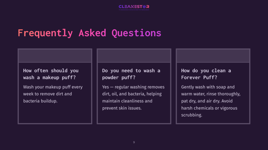 Three Text Boxes With White Font On A Dark Purple Background. The First Asks About Cleaning Frequency, The Second About Necessity, And The Third Gives Washing Instructions.