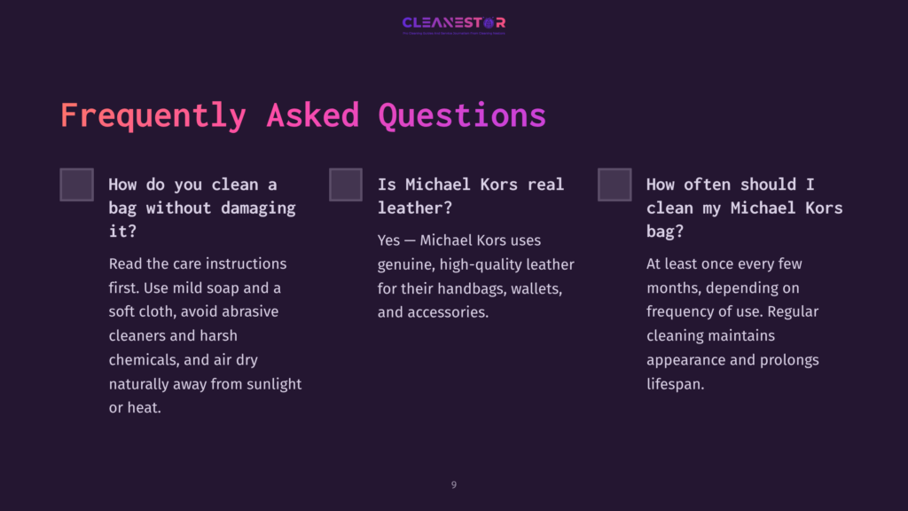 On A Dark Purple Background, Text Outlines Faqs About Cleaning A Michael Kors Bag, Addressing Care Instructions And Leather Authenticity.