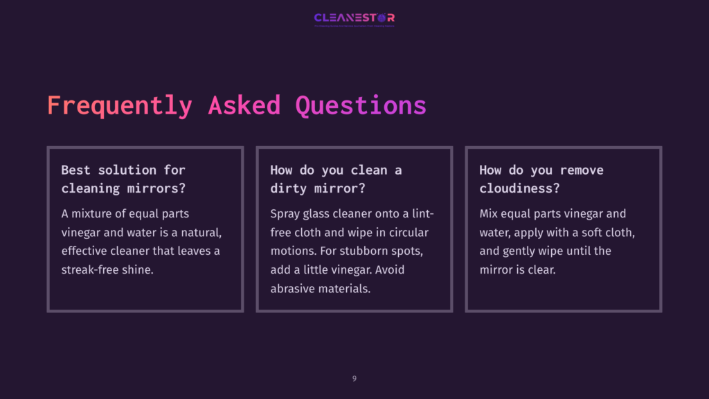 Three Text Boxes On A Dark Purple Background, Detailing Faqs About Cleaning Mirrors, With Instructions And Tips In Clear White And Pink Fonts.