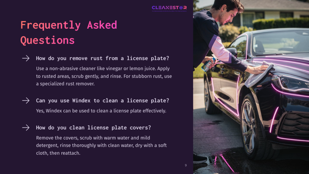 A Person Cleaning A License Plate With A Cloth, Beside A Shiny Black Car; Text On The Left Provides Cleaning Tips And Faqs.