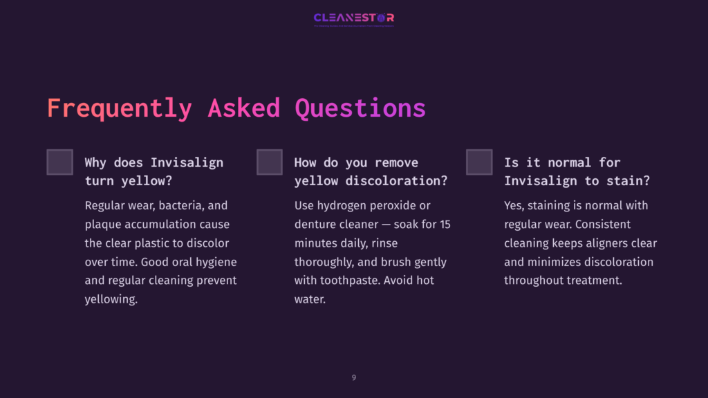 Two Blocks Of Text In A Dark Purple Layout With White And Pink Accents, Featuring Faqs About Cleaning Invisalign And Removing Discoloration.