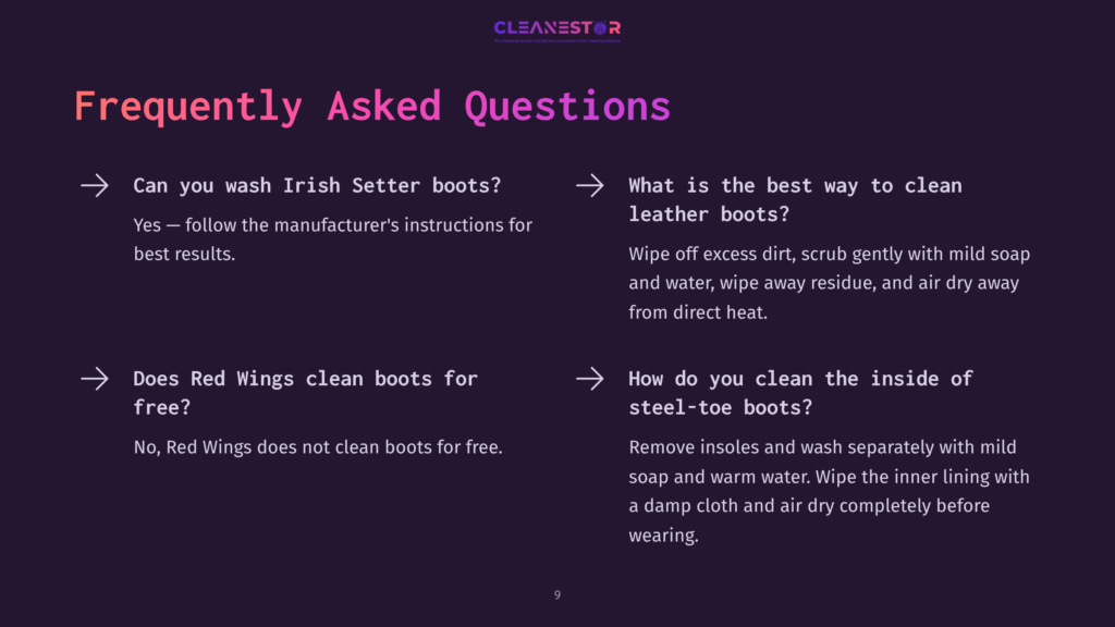 Purple Background With White Text Listing Frequently Asked Questions About Cleaning Irish Setter Boots And Red Wings Boots.