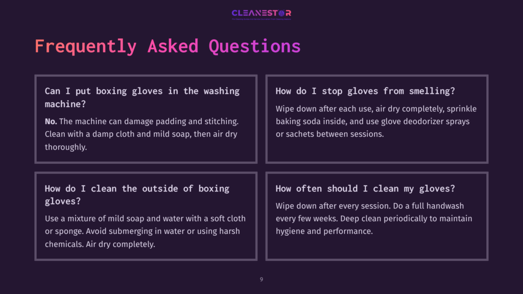 Four Text Boxes With Questions And Answers About Cleaning Kickboxing Gloves, Set Against A Purple Background With White And Pink Text Elements.