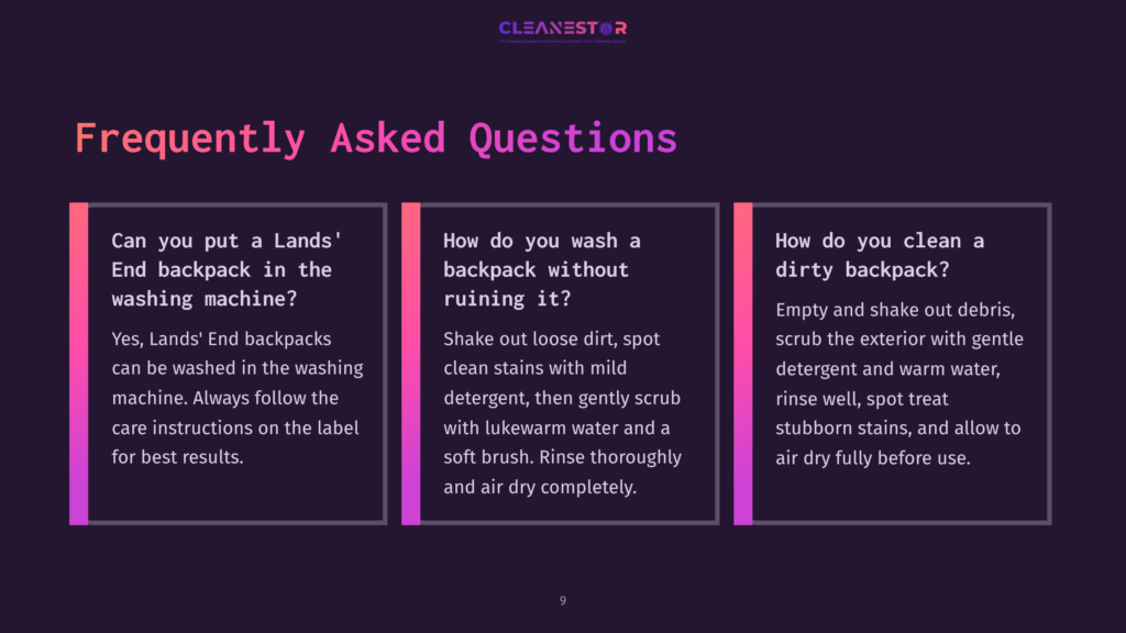 Three Panels With A Dark Background, Featuring White Text And Vibrant Pink Accents, Displaying Frequently Asked Questions About Cleaning Backpacks.