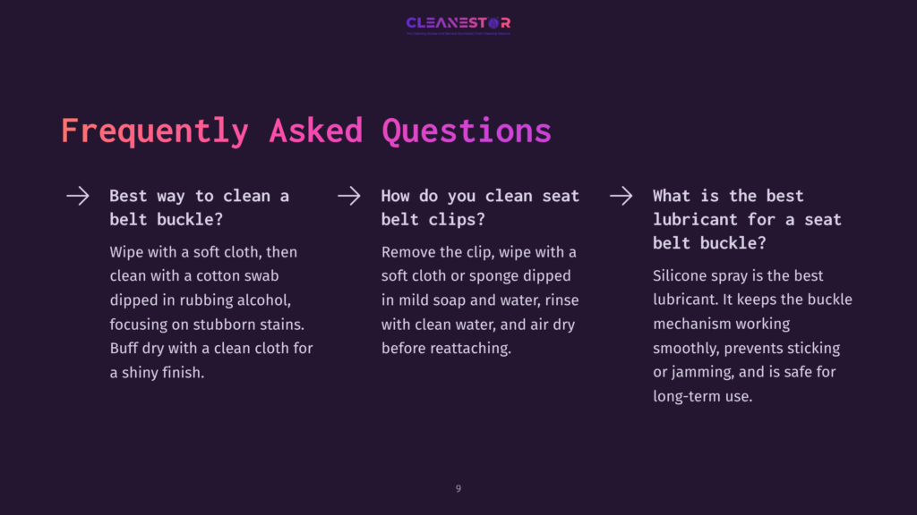 Dark Purple Background With White Text, Featuring Faqs About Cleaning Seat Belt Buckles And Clips, With Arrows Indicating Flow.