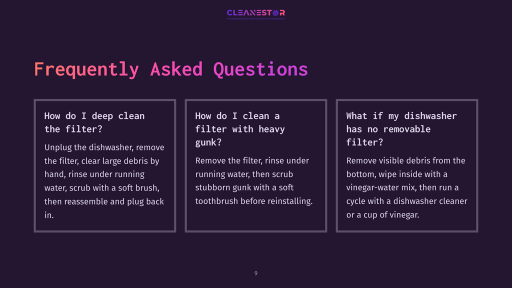Three Sections Of Text On A Dark Purple Background, Detailing Faqs About Cleaning Kitchenaid Dishwasher Filters, With Instructions And Tips.