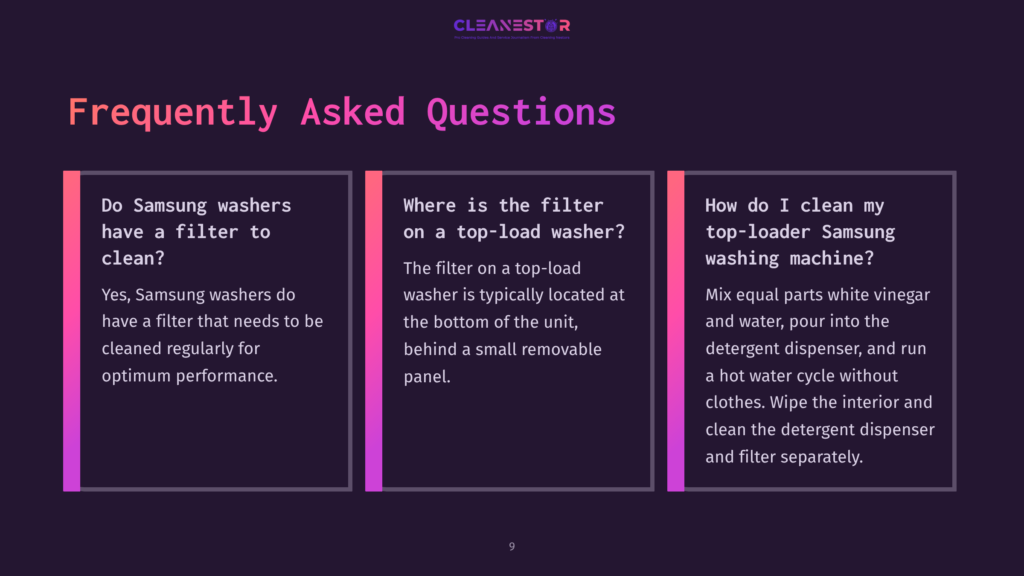 Three Visually Distinct Question Boxes In Purple, Pink, And White, Providing Information About Cleaning Samsung Washer Filters And Maintenance.