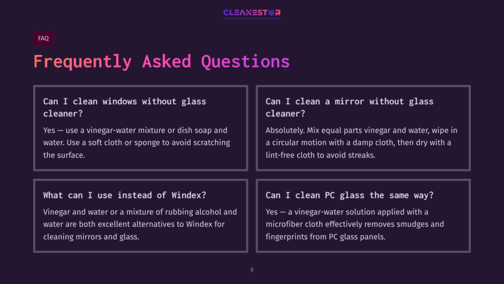 Faqs In A Dark Purple Layout With White Text. Questions Include Cleaning Glass And Mirrors Without Commercial Cleaners, Using Vinegar And Alcohol Alternatives.