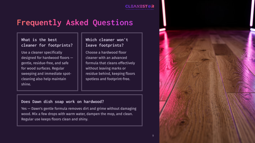 Hardwood Floor With Visible Footprints, Alongside A Bottle Of Cleaner And Cleaning Supplies On A Dark Background With Purple Accents.